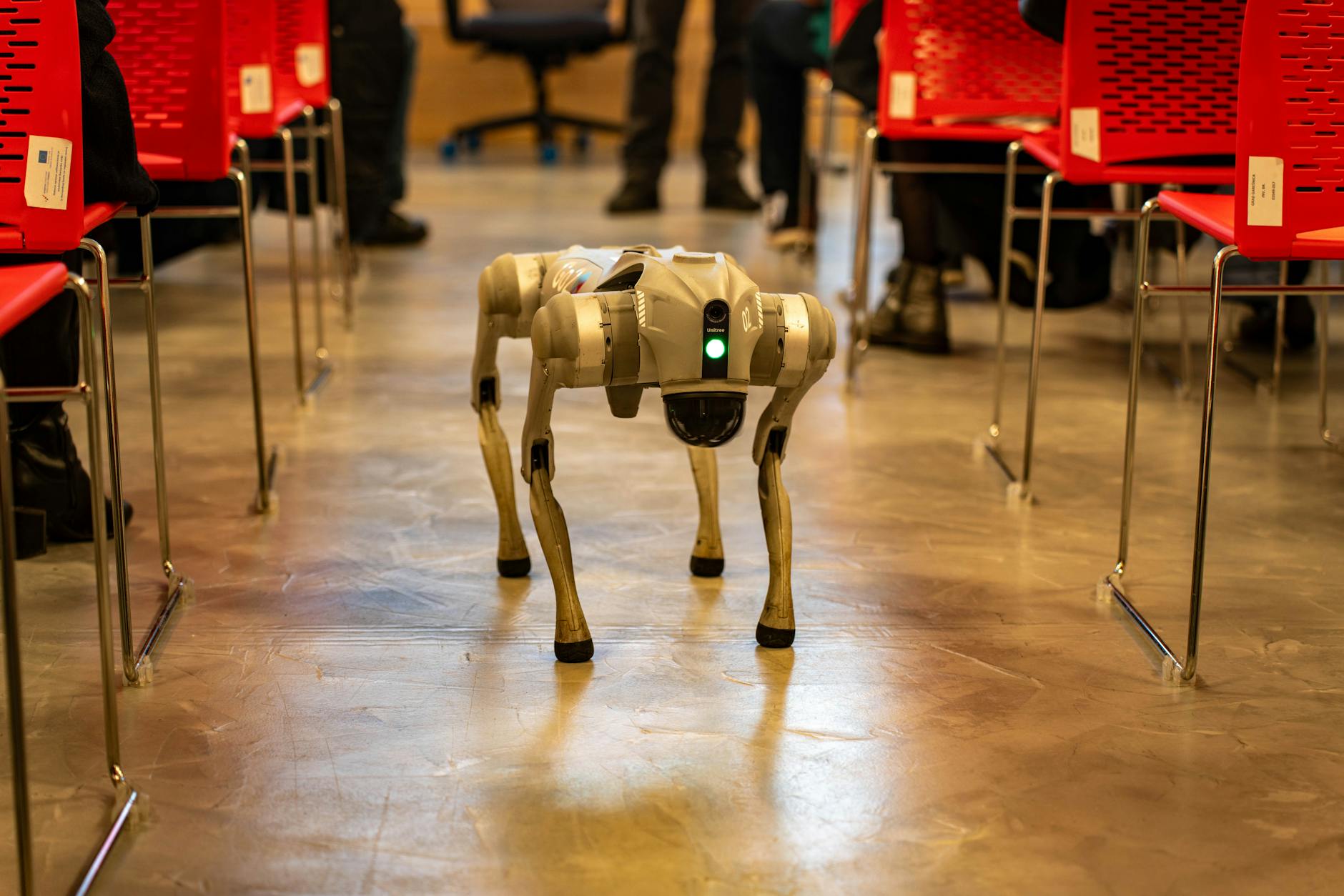 robotic dog in indoor setting with red chairs